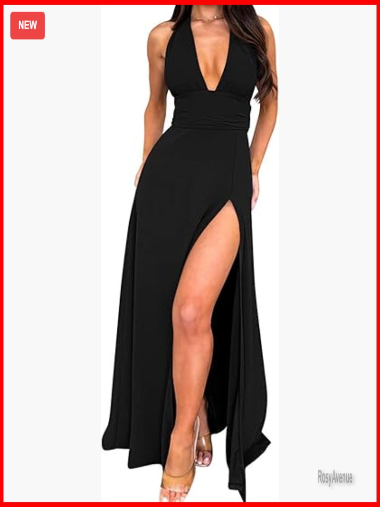 Sleeveless Halter Maxi Dress With Ruched Waist And Side Split